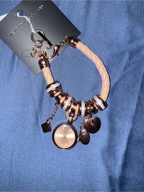 New York & Company Rose Gold and Blush Braided Charm Watch Bracelet